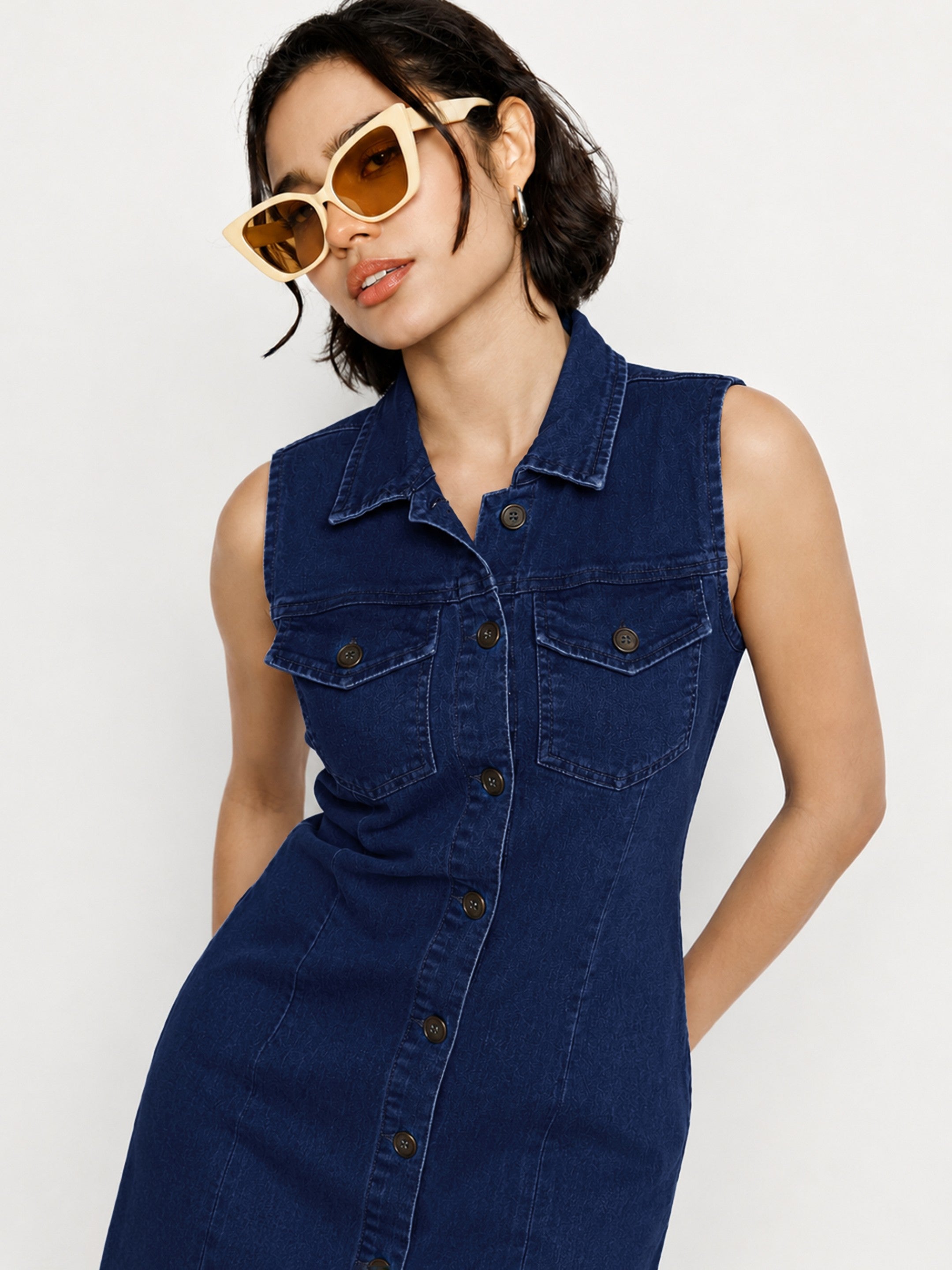 DesiQlo Navy Wash Denim Front Button Midi Dress - Navy Blue