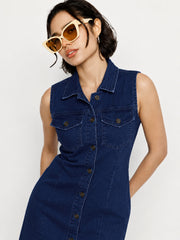 Women Navy Wash Denim Front Button Midi Dress