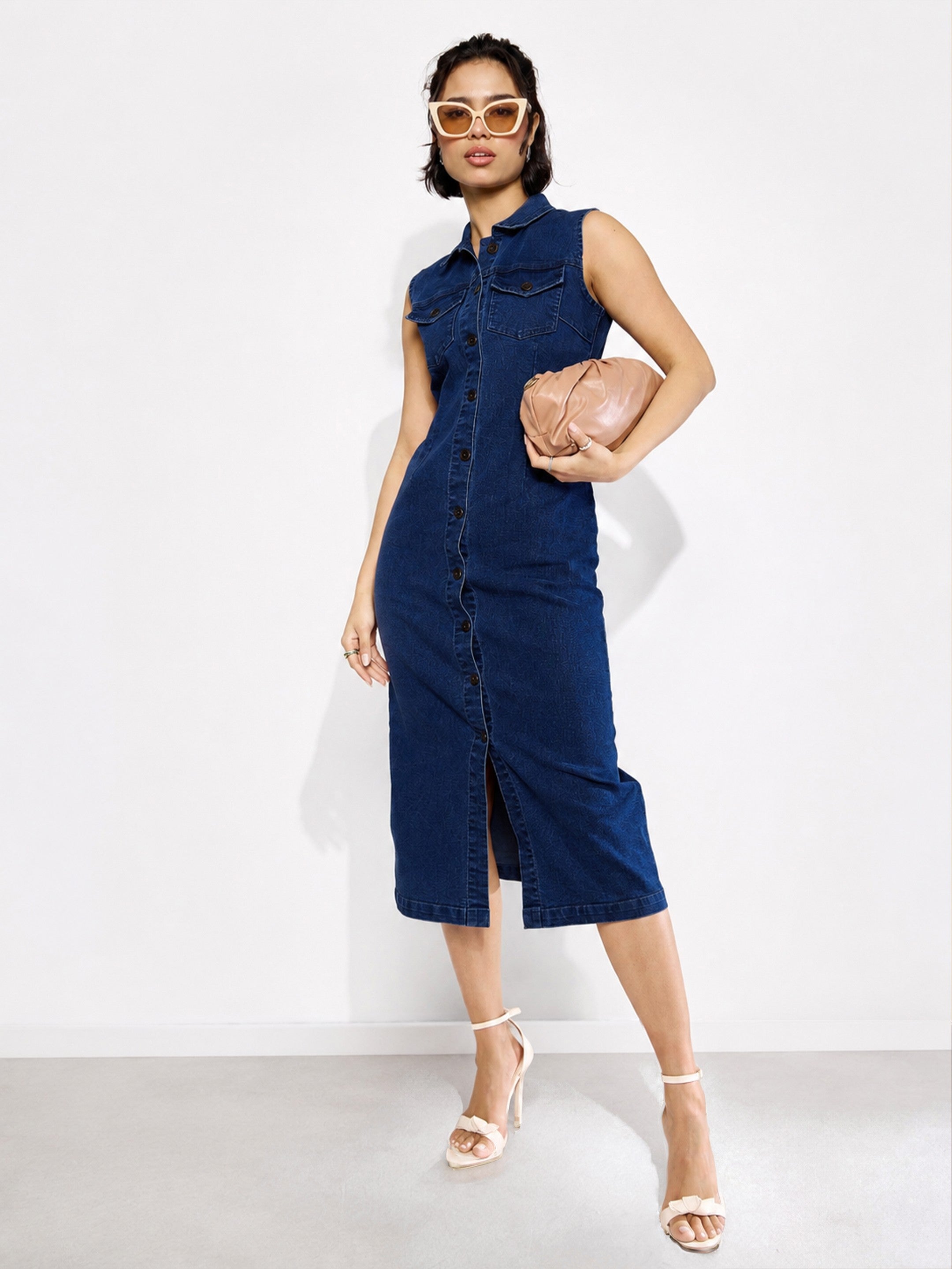 DesiQlo Navy Wash Denim Front Button Midi Dress - Navy Blue