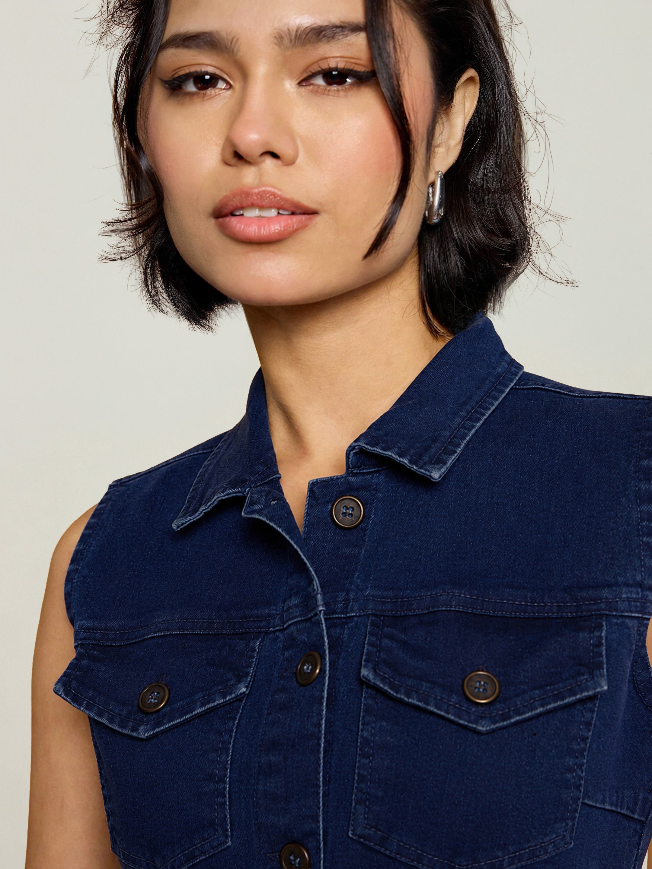 DesiQlo Navy Wash Denim Front Button Midi Dress - Navy Blue