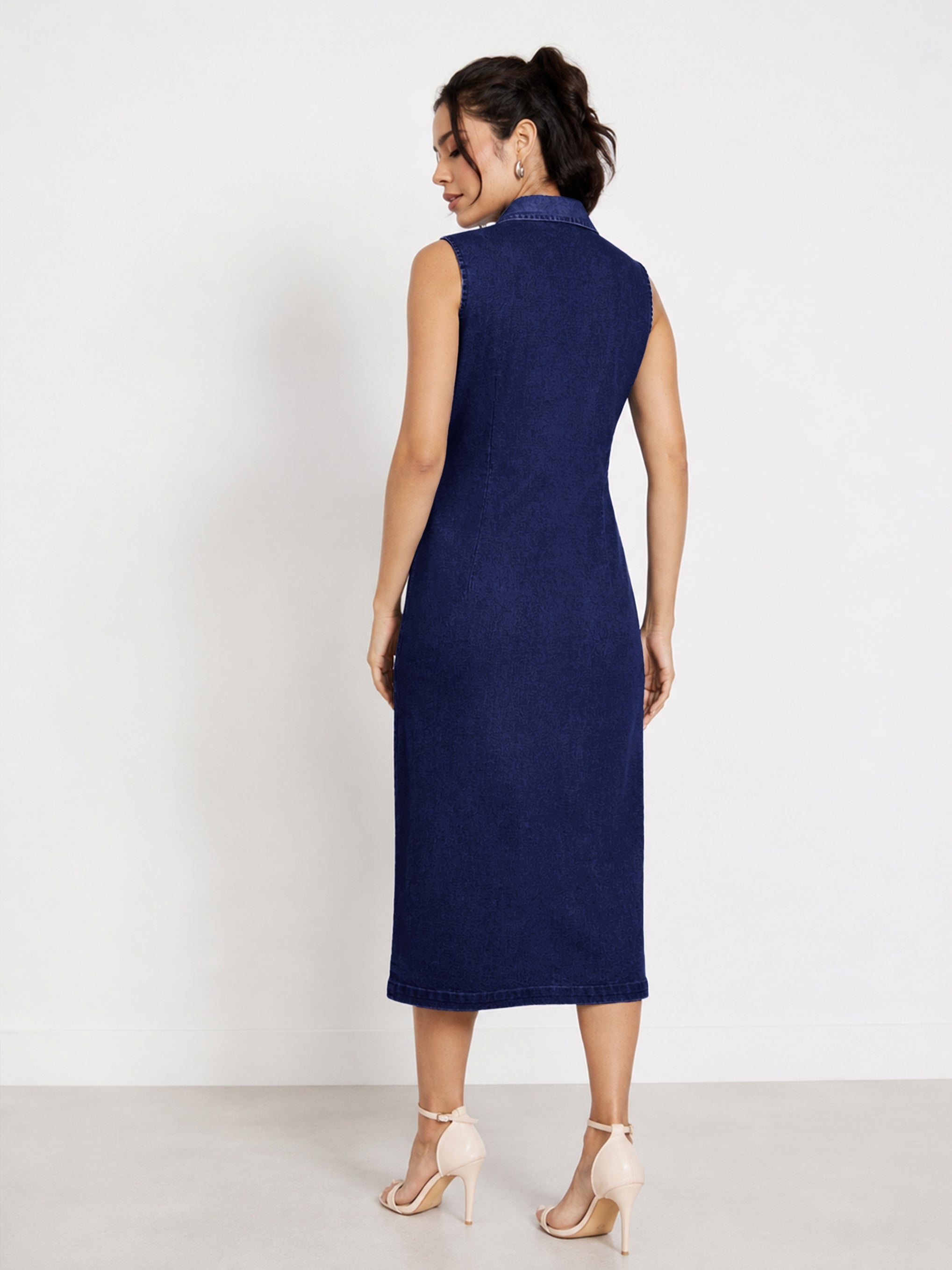 DesiQlo Navy Wash Denim Front Button Midi Dress - Navy Blue
