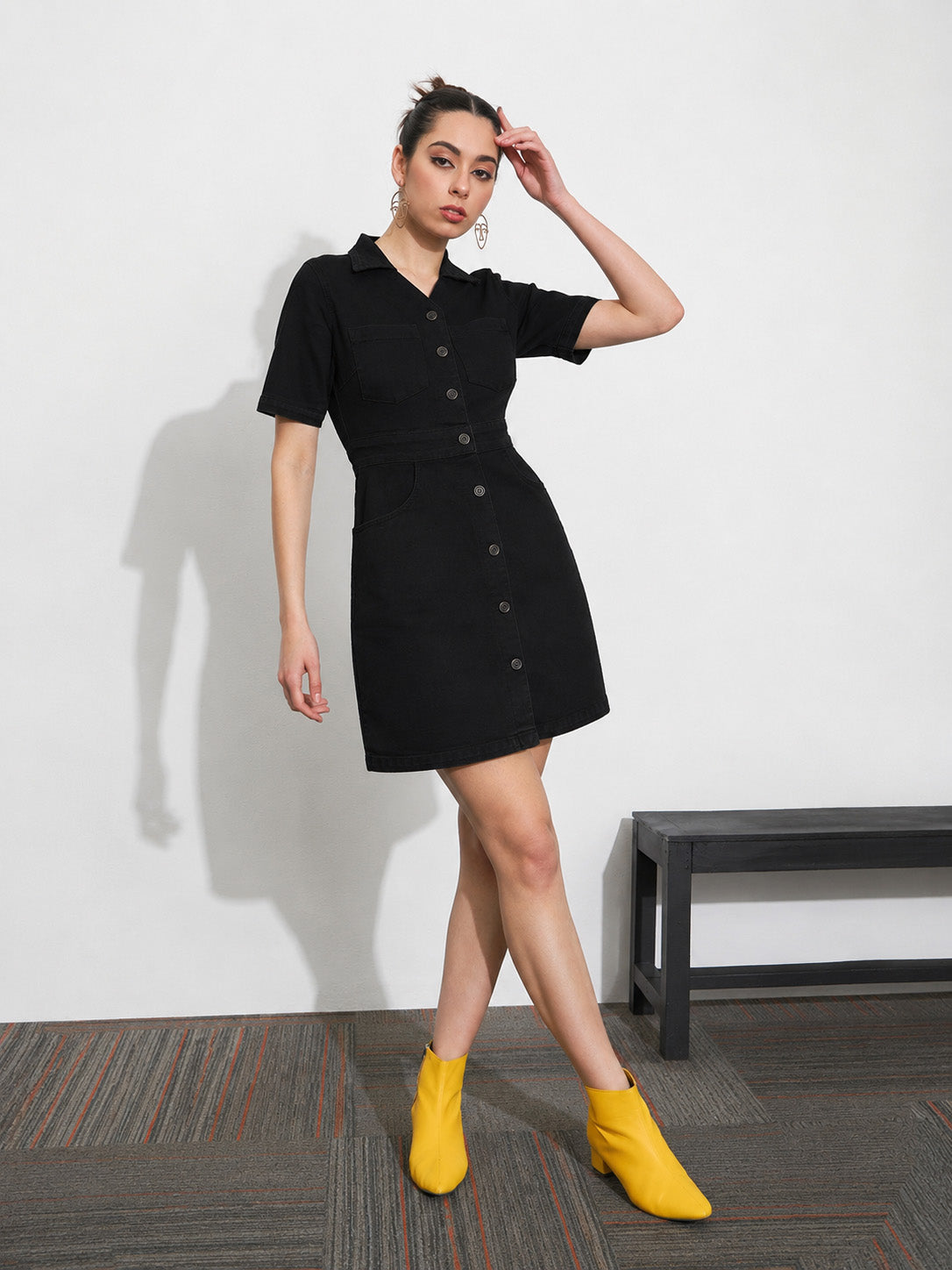 DesiQlo Black Denim Front Button Mini Dress - Black