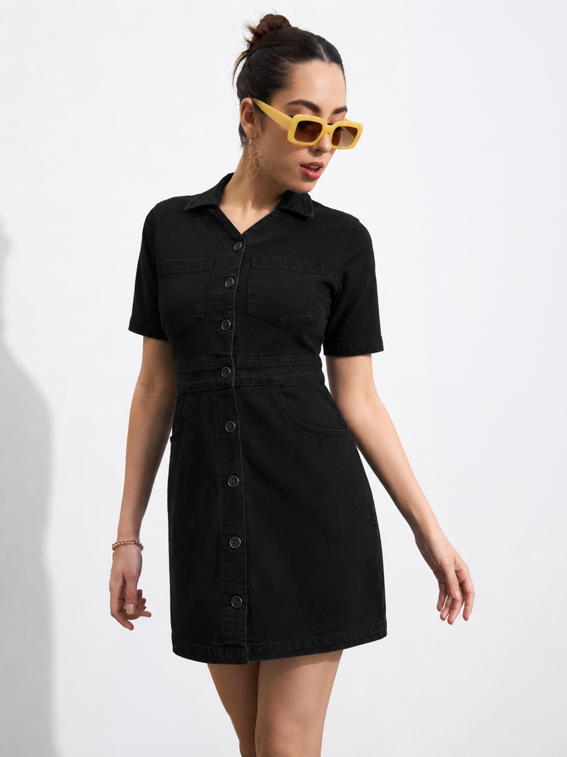 DesiQlo Black Denim Front Button Mini Dress - Black