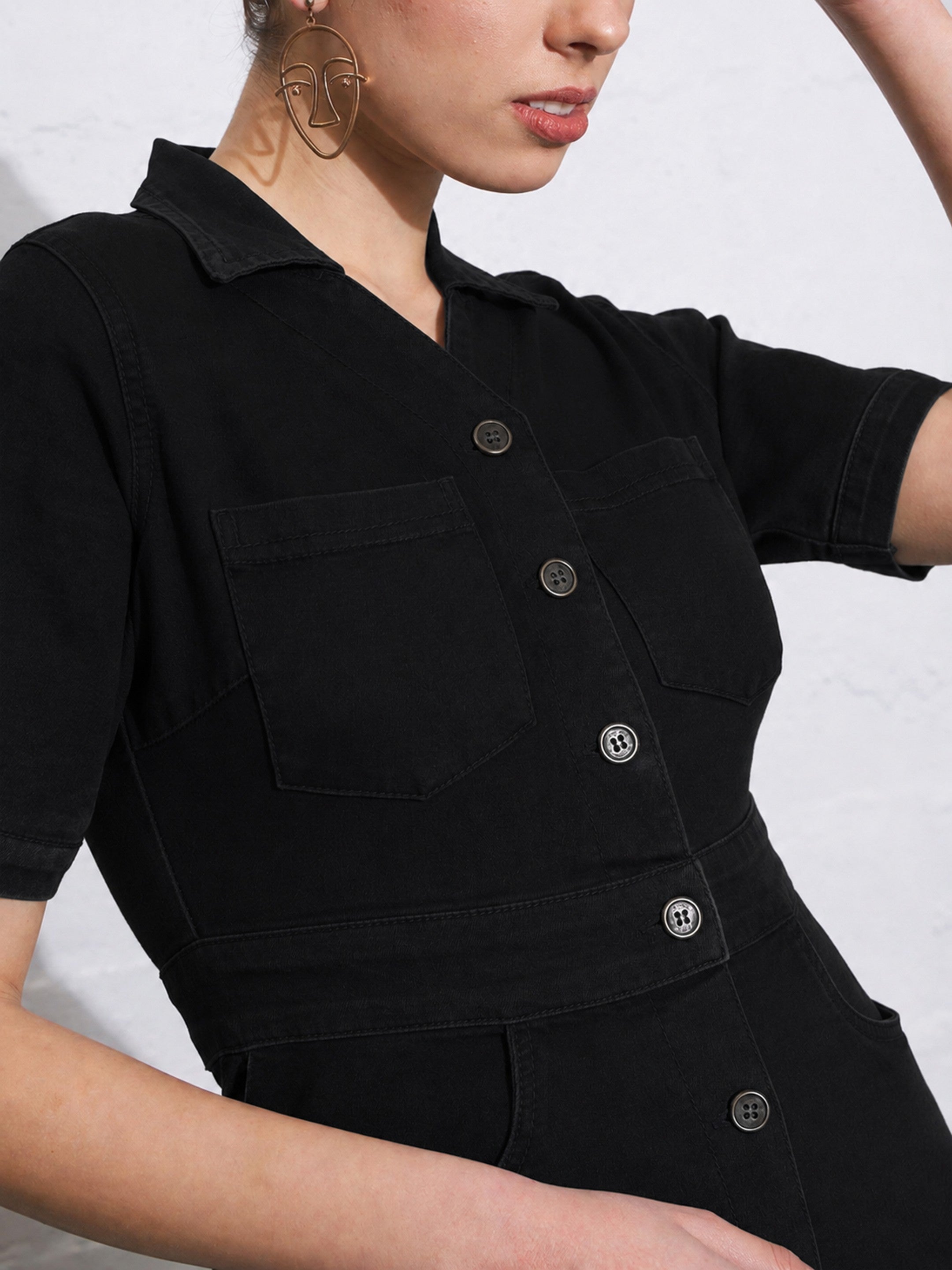 DesiQlo Black Denim Front Button Mini Dress - Black