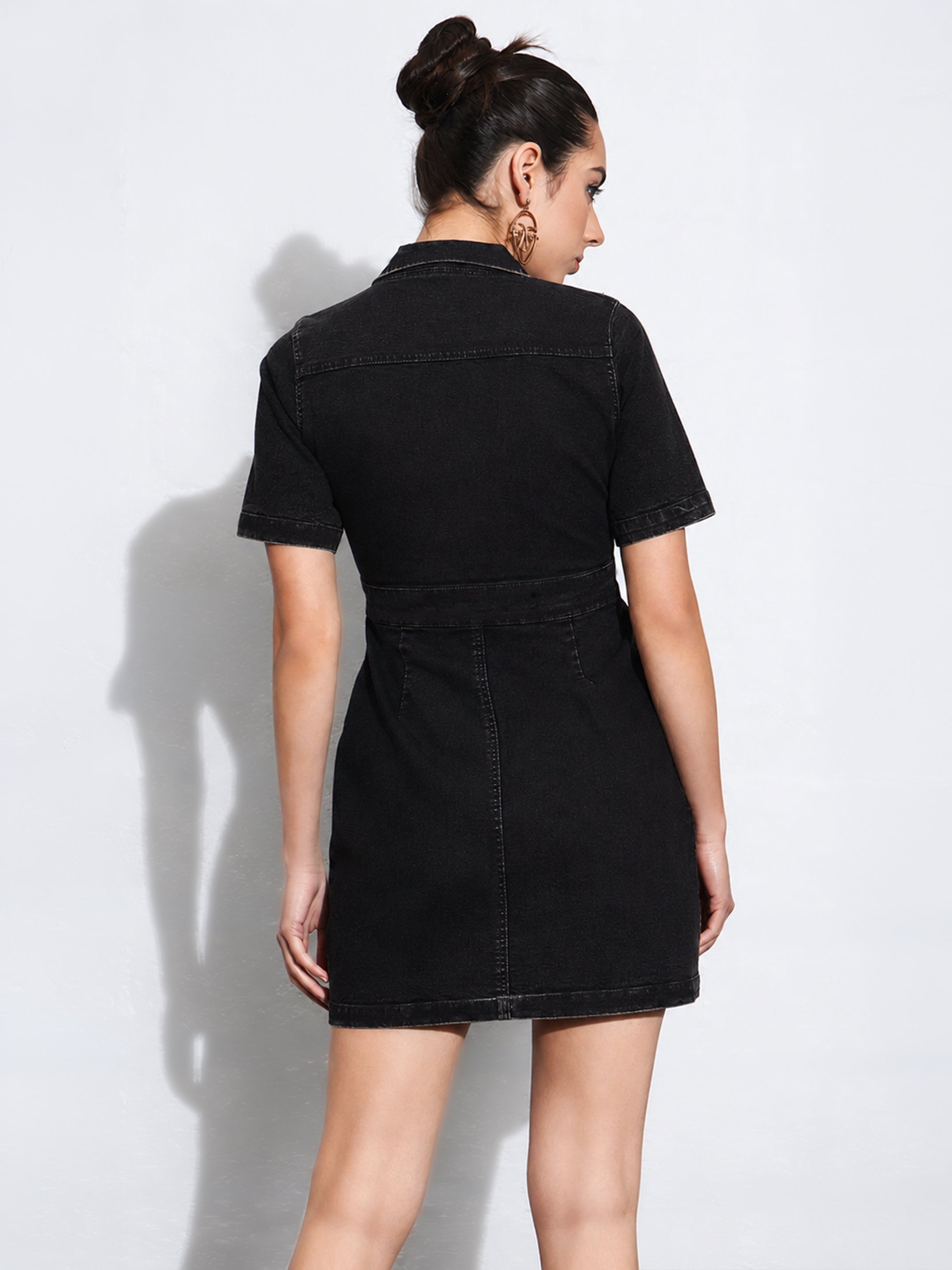 DesiQlo Black Denim Front Button Mini Dress - Black