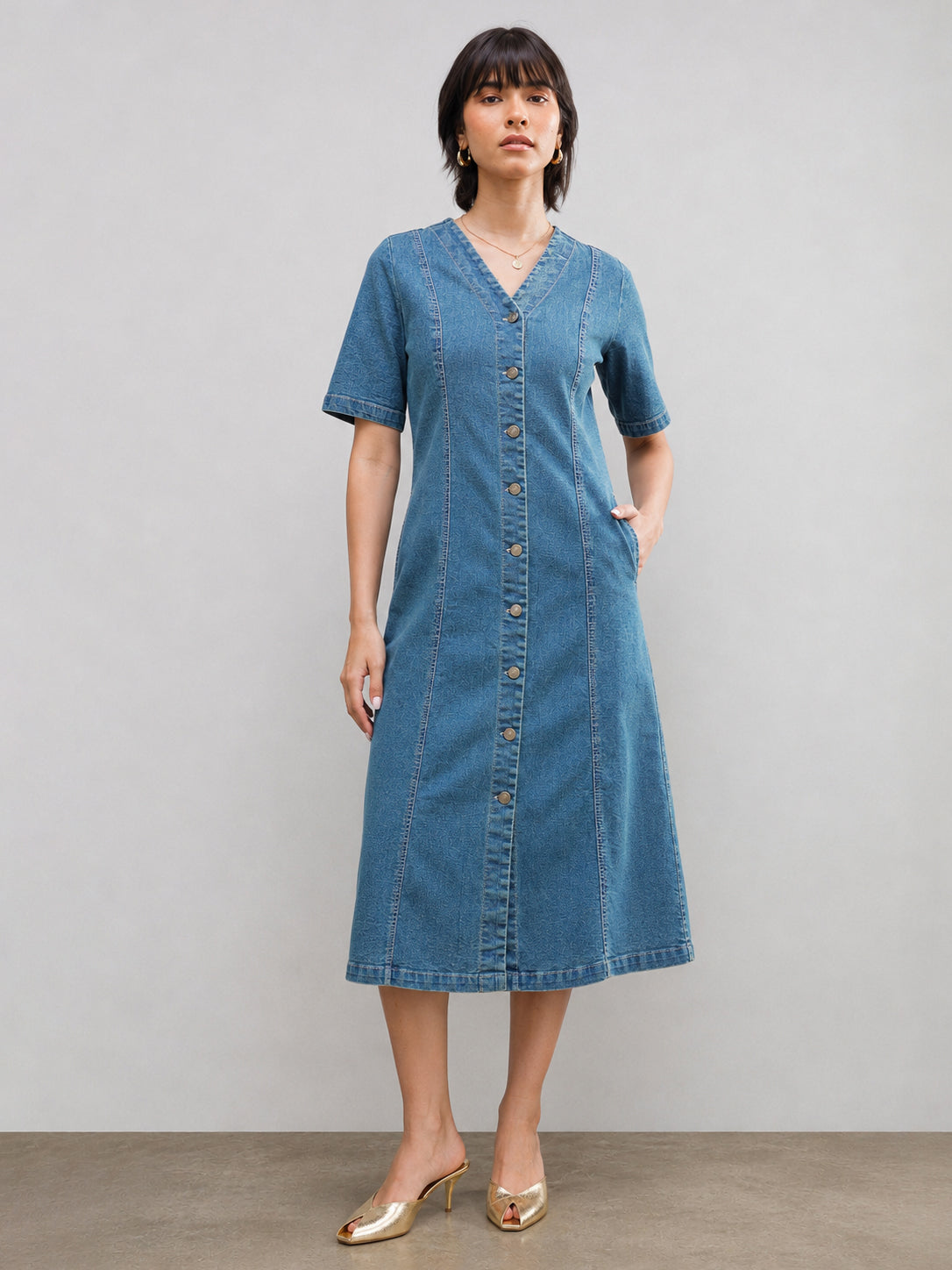 DesiQlo Blue Washed Denim Button Down Midi Dress - Blue