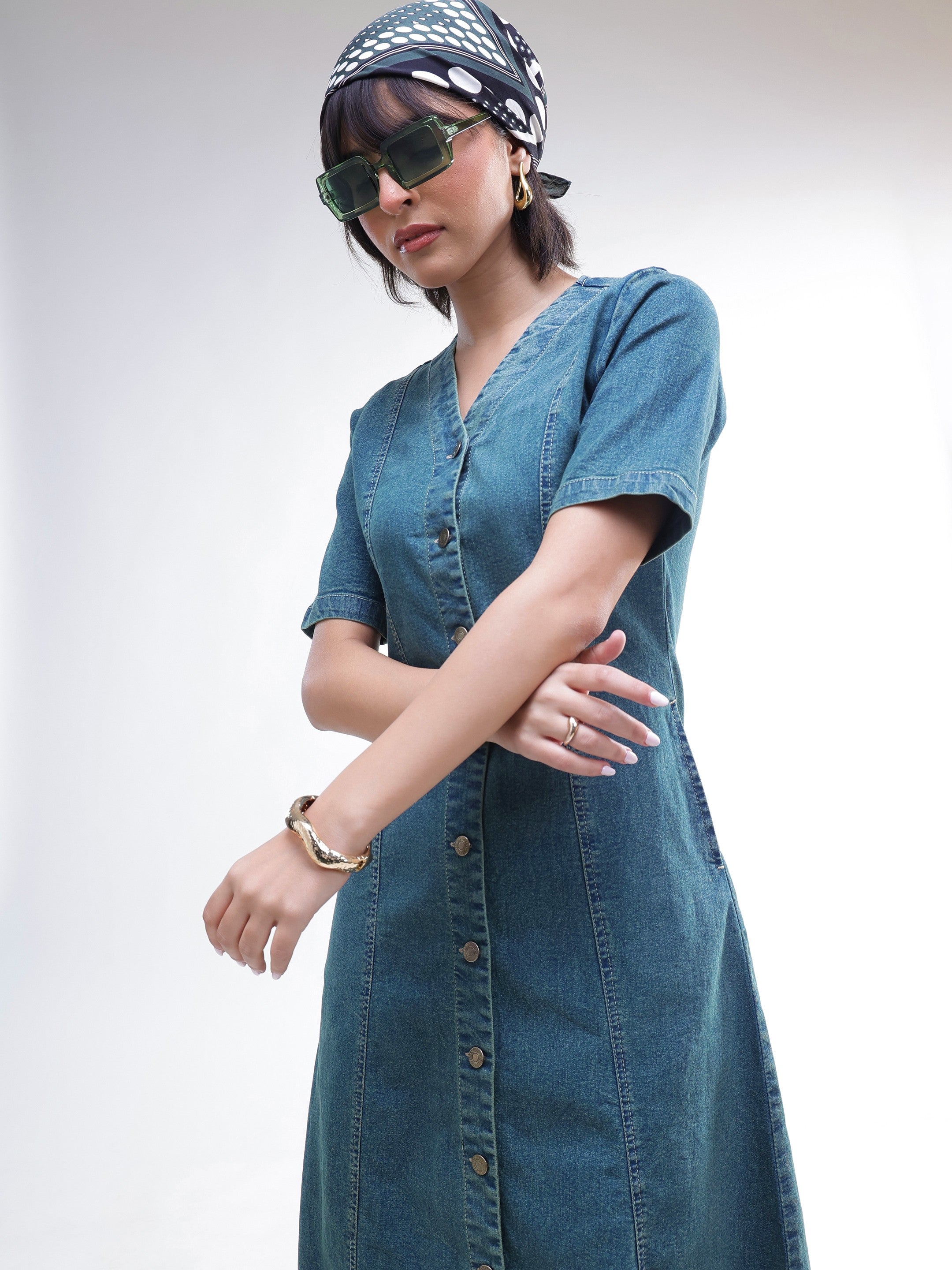 DesiQlo Blue Washed Denim Button Down Midi Dress - Blue