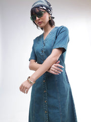 Women Blue Washed Denim Button Down Midi Dress