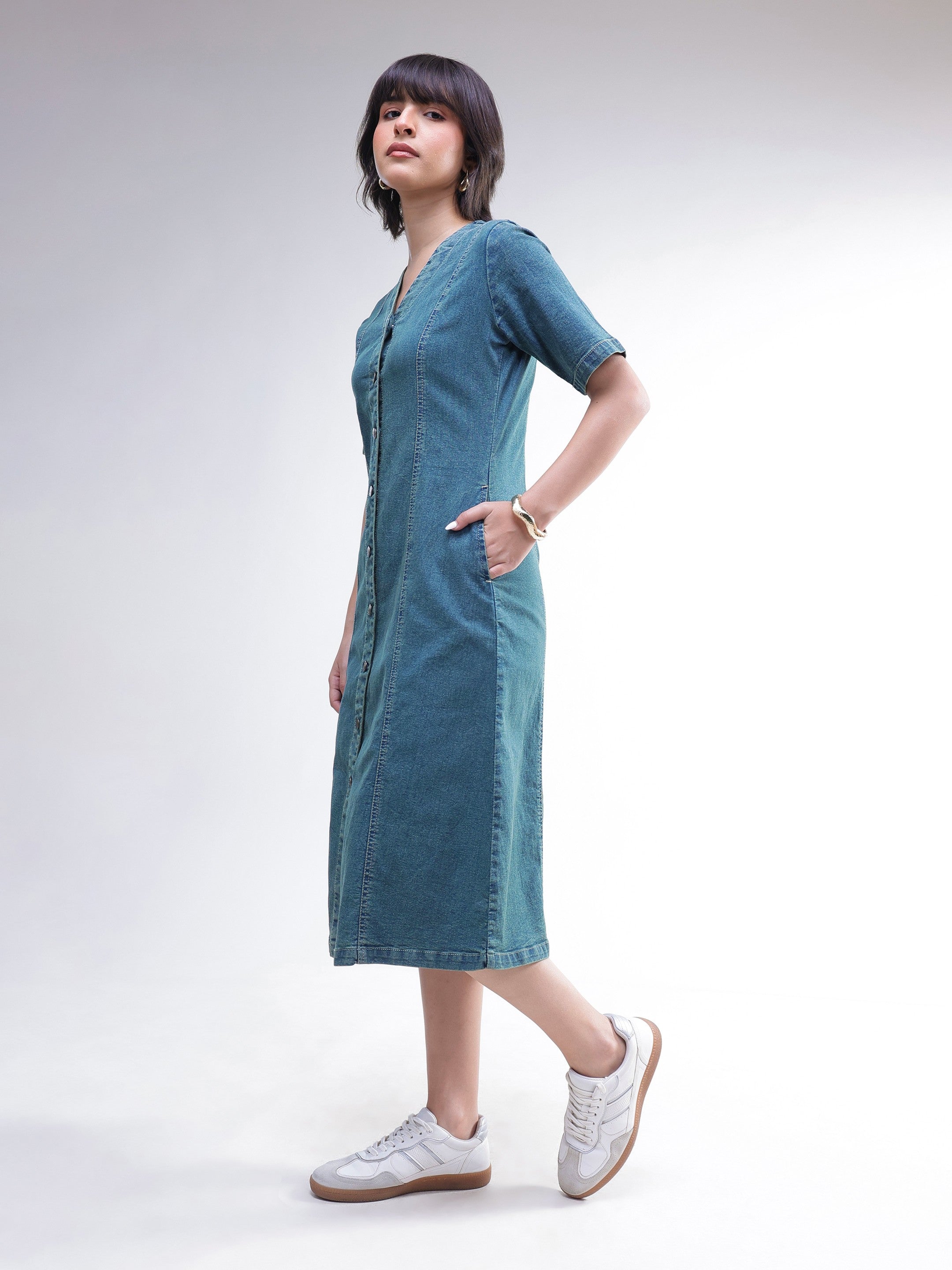DesiQlo Blue Washed Denim Button Down Midi Dress - Blue