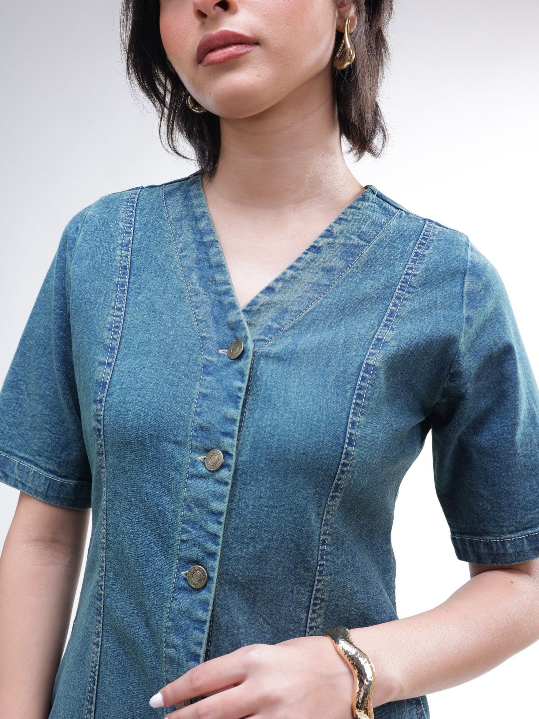 DesiQlo Blue Washed Denim Button Down Midi Dress - Blue