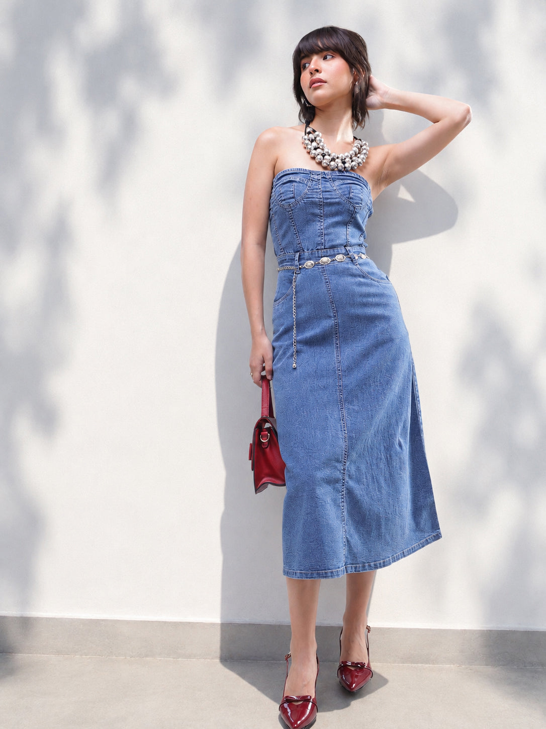 Women Blue Wash Denim Wash Tube Dress