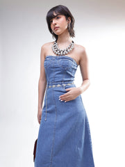 Women Blue Wash Denim Wash Tube Dress
