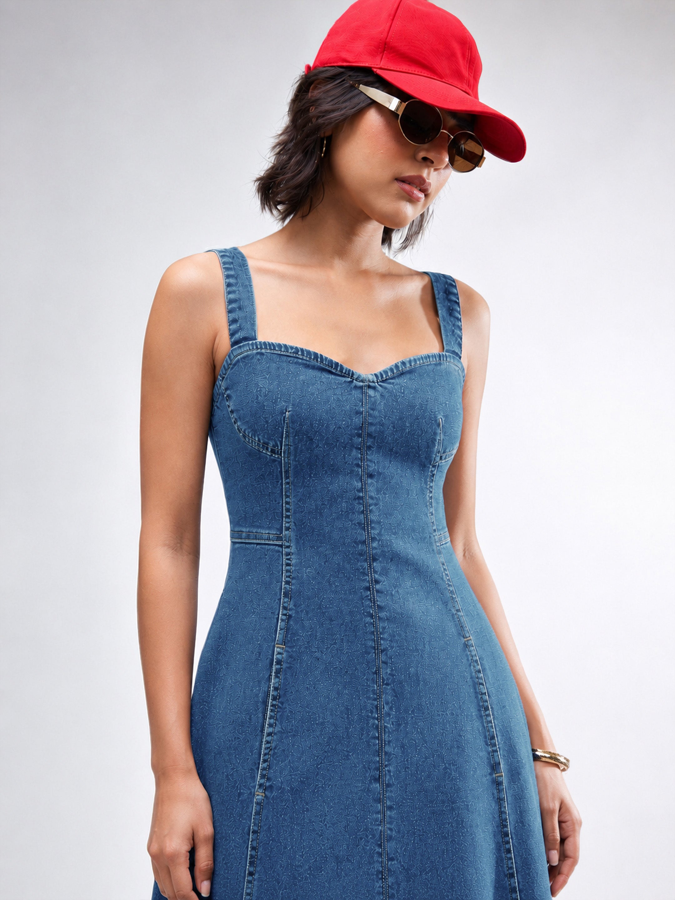 DesiQlo Blue Washed Denim Strappy A-Line Midi Dress - Blue