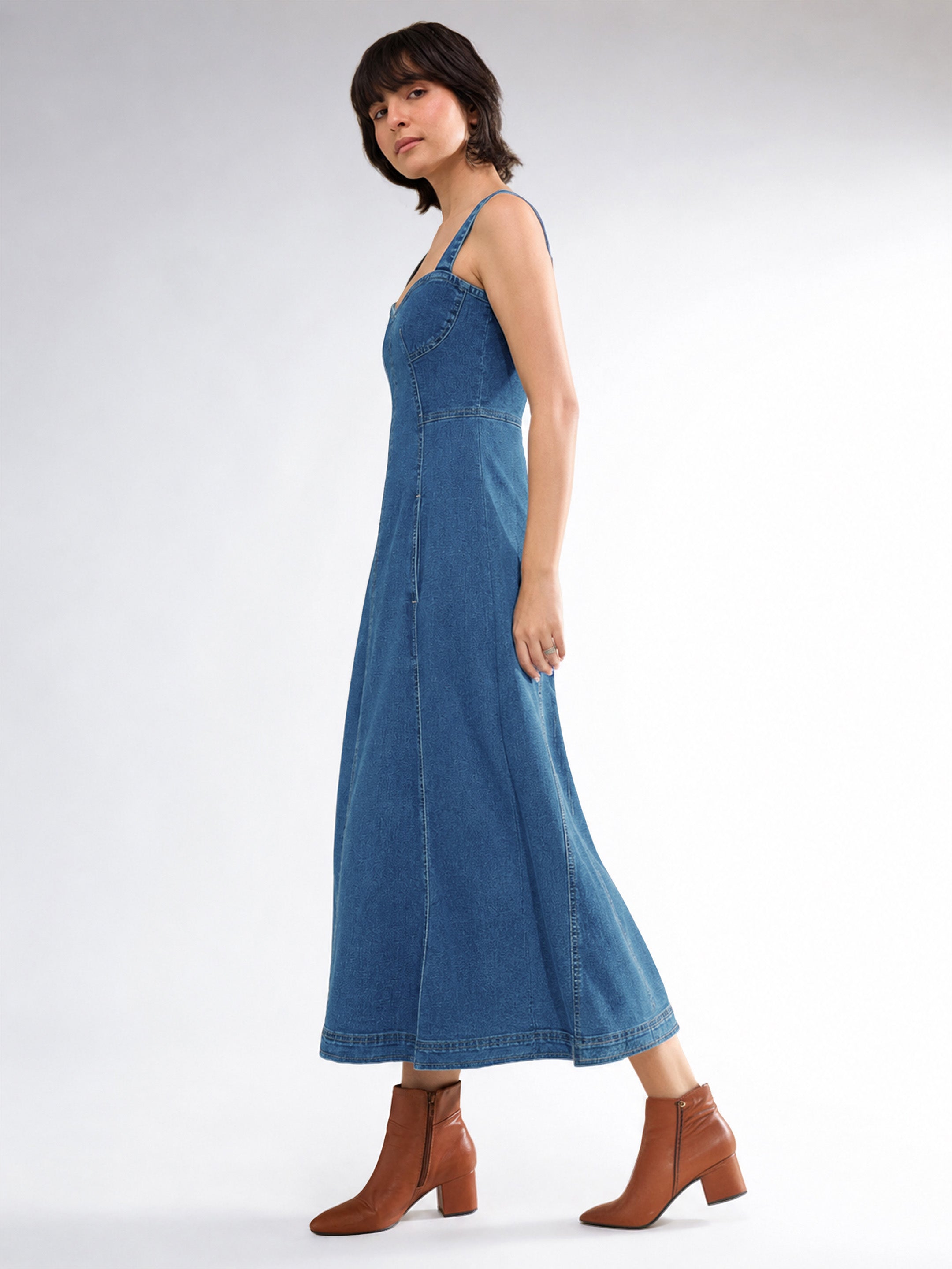 DesiQlo Blue Washed Denim Strappy A-Line Midi Dress - Blue