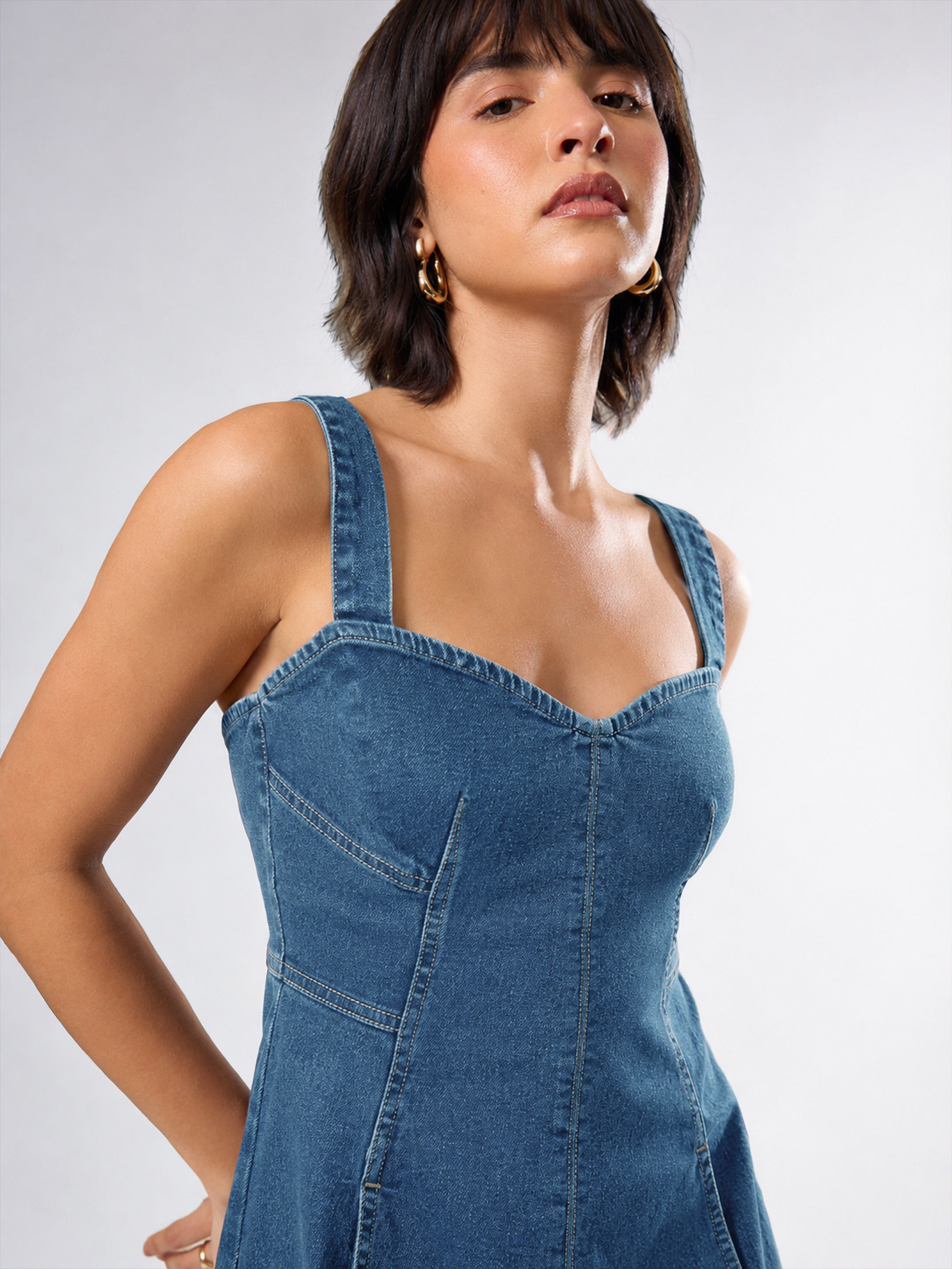 DesiQlo Blue Washed Denim Strappy A-Line Midi Dress - Blue