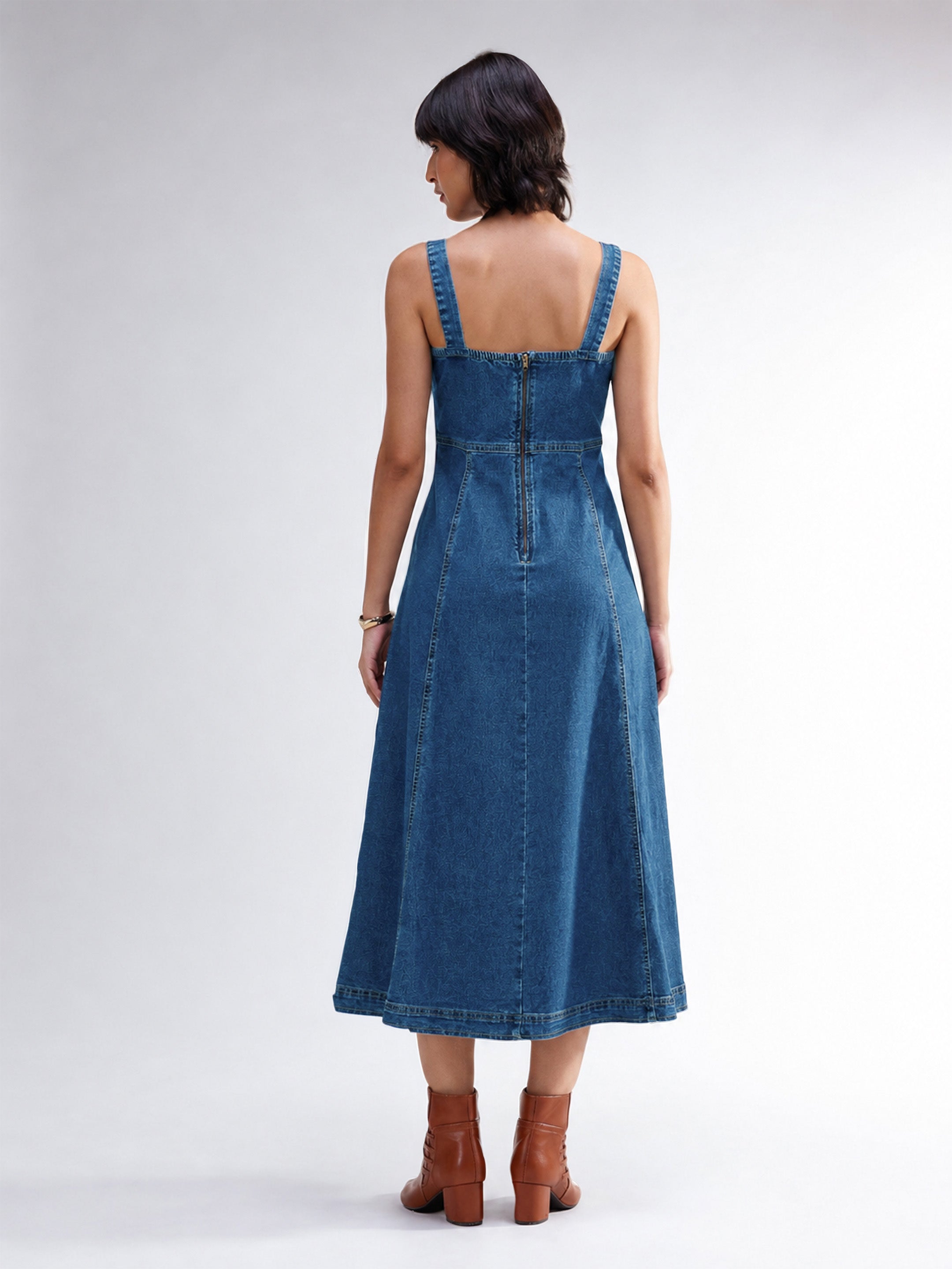 DesiQlo Blue Washed Denim Strappy A-Line Midi Dress - Blue