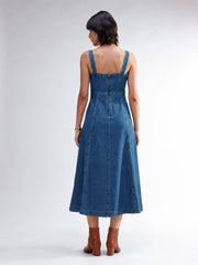Women Blue Washed Denim Strappy A-Line Midi Dress