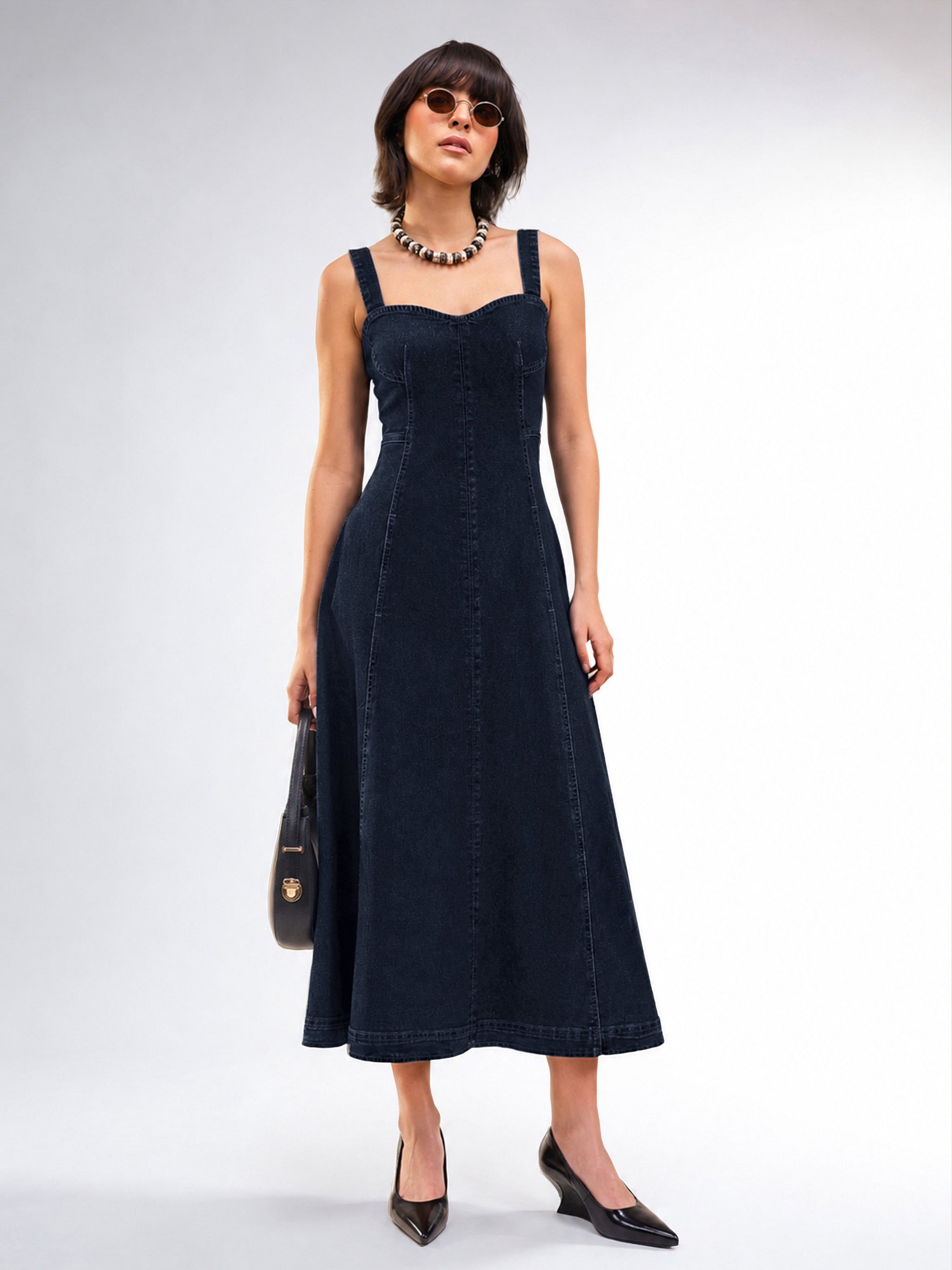 DesiQlo Dark Navy Wash Denim Strappy A-Line Midi Dress - Navy Blu