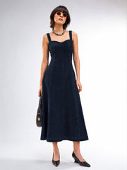 Women Dark Navy Wash Denim Strappy A-Line Midi Dress