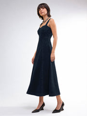 Women Dark Navy Wash Denim Strappy A-Line Midi Dress