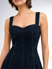 Women Dark Navy Wash Denim Strappy A-Line Midi Dress