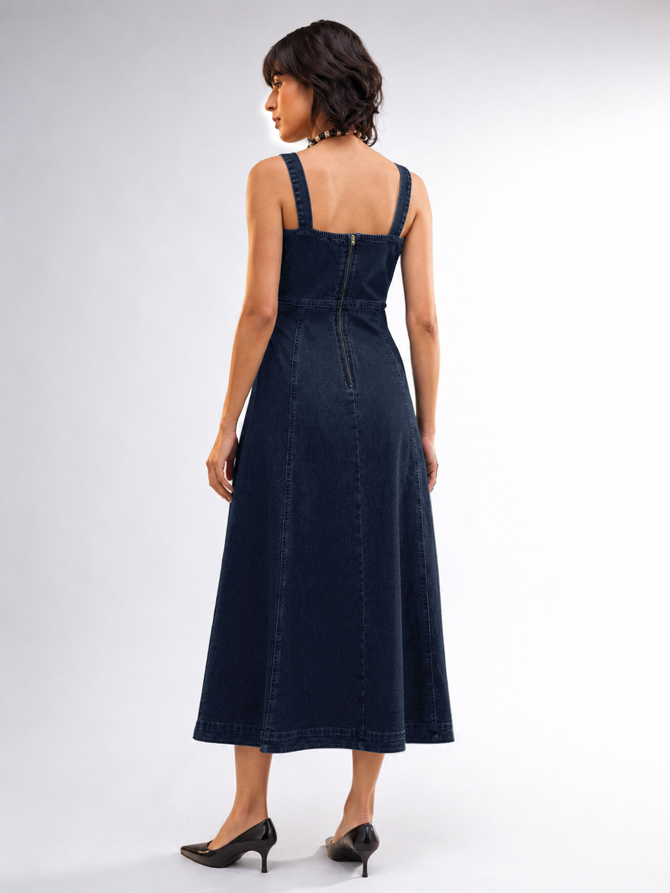 DesiQlo Dark Navy Wash Denim Strappy A-Line Midi Dress - Navy Blu
