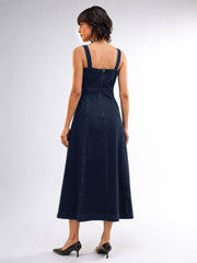 Women Dark Navy Wash Denim Strappy A-Line Midi Dress