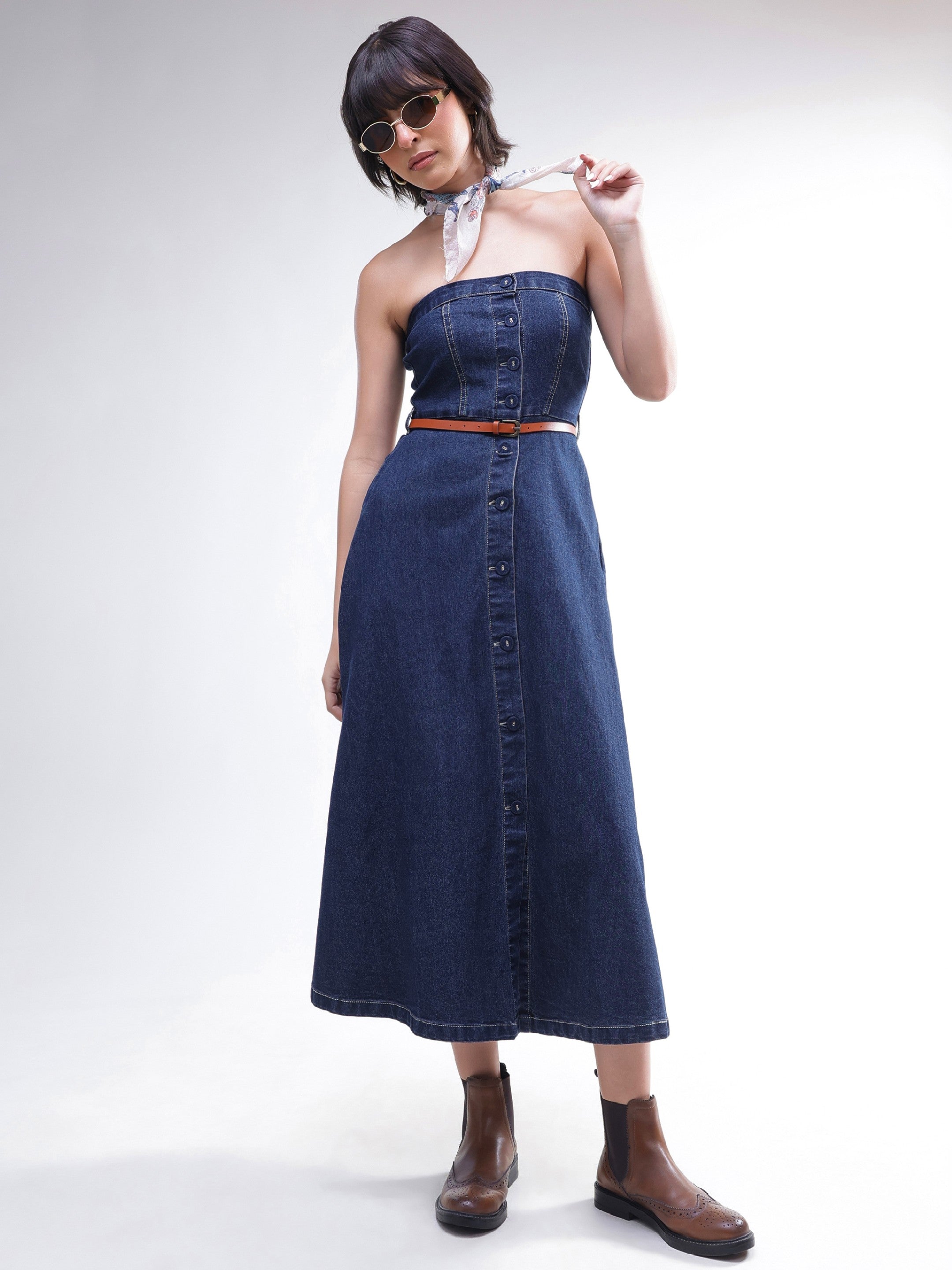 DesiQlo Navy Washed Denim Tube Dress - Navy Blue