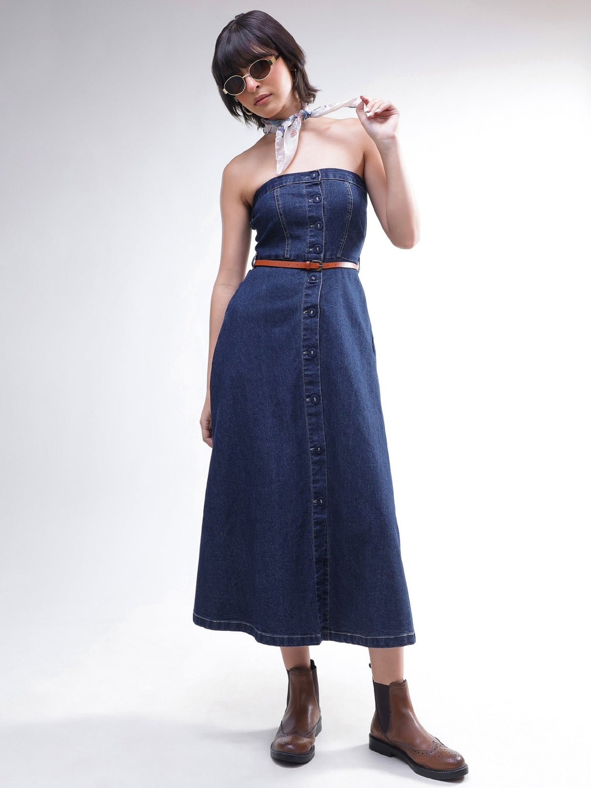 Women Navy Washed Denim Tube Dress
