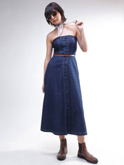 Women Navy Washed Denim Tube Dress