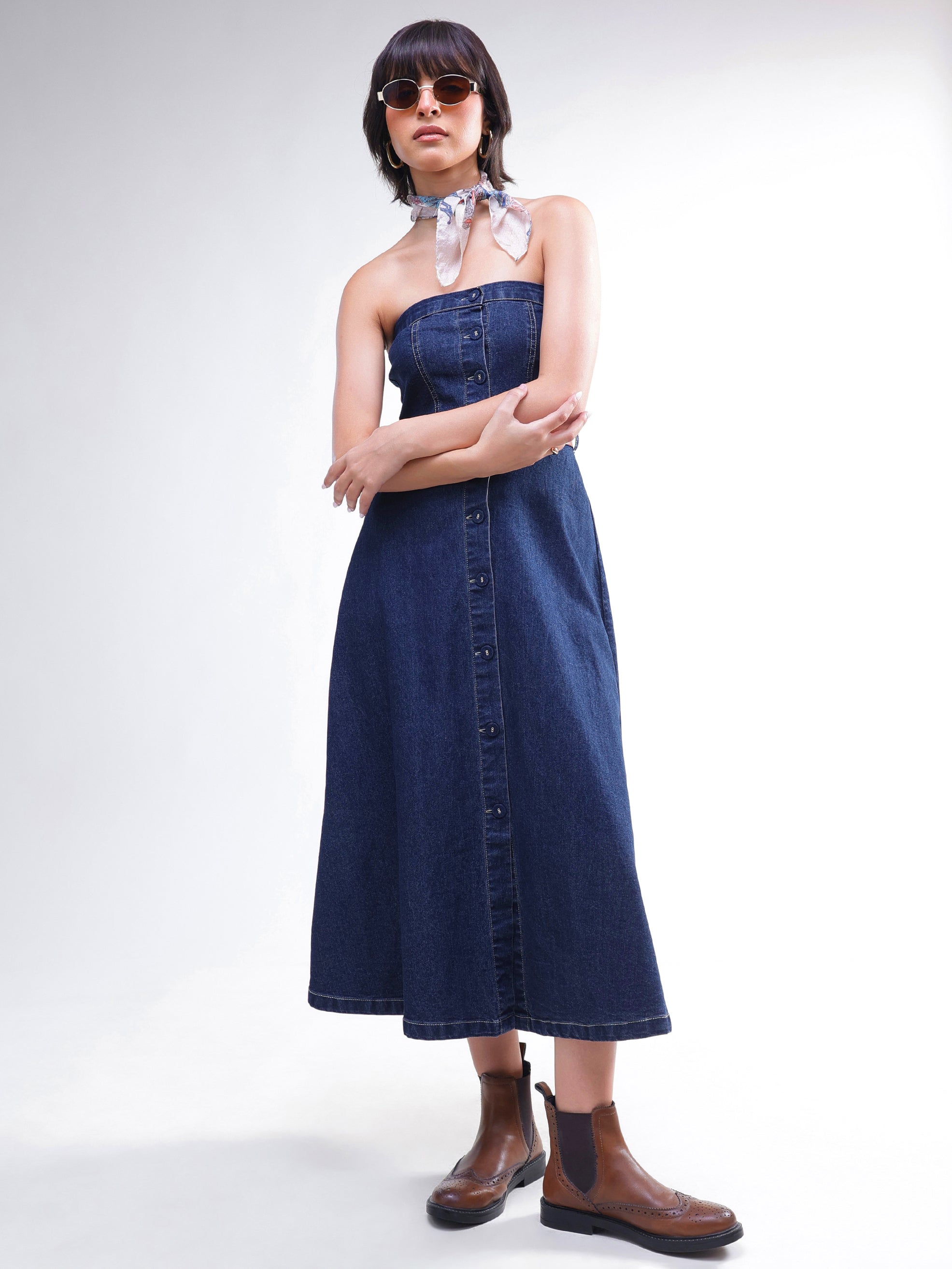 DesiQlo Navy Washed Denim Tube Dress - Navy Blue