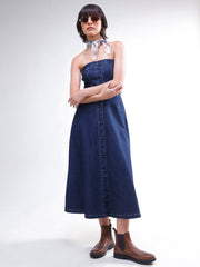 Women Navy Washed Denim Tube Dress