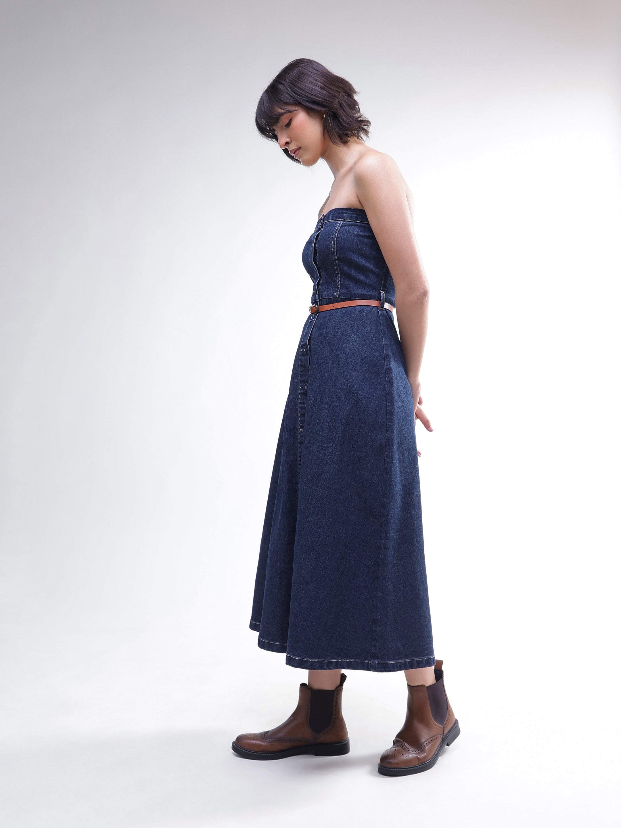 DesiQlo Navy Washed Denim Tube Dress - Navy Blue