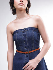 Women Navy Washed Denim Tube Dress