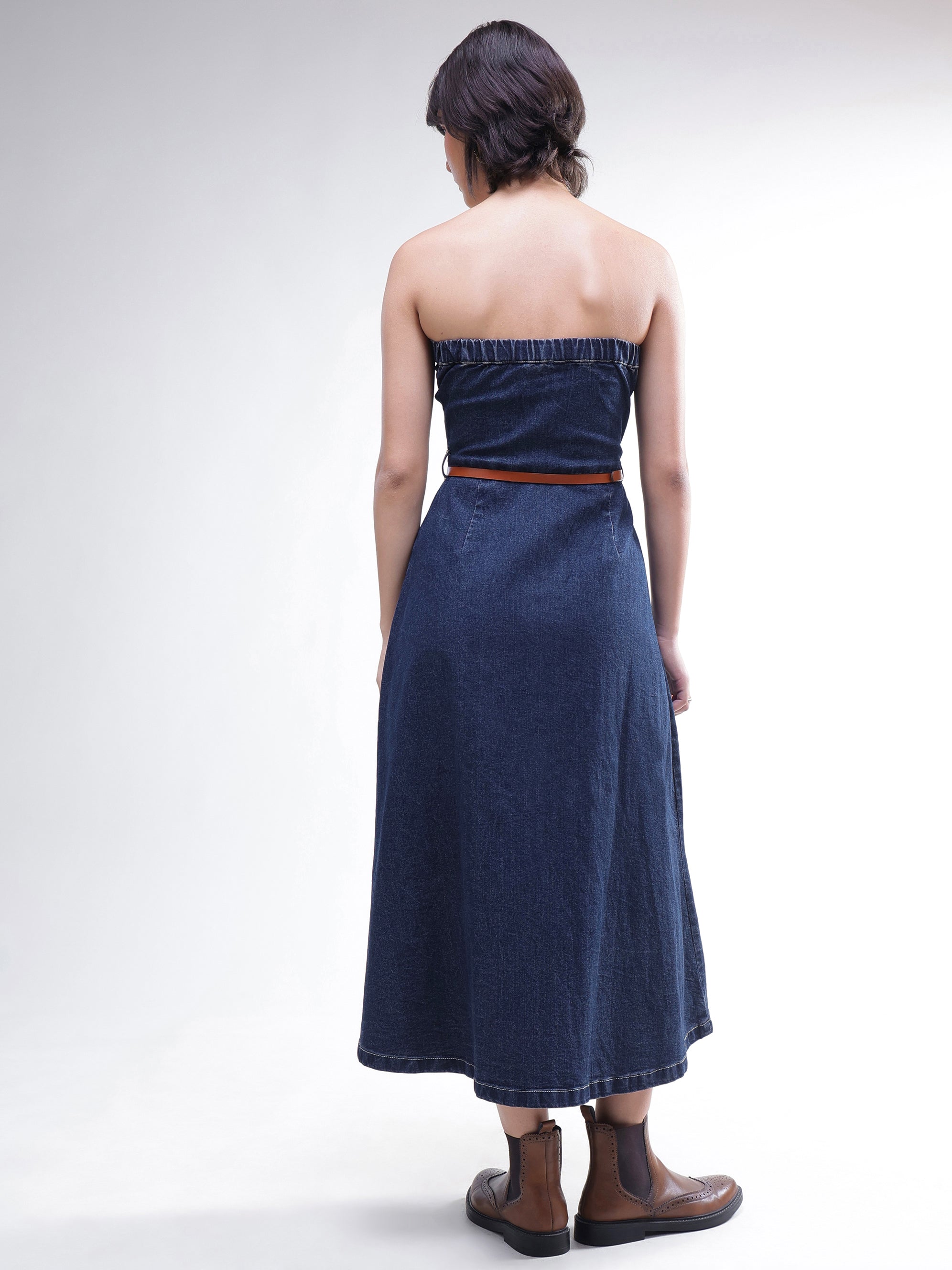 DesiQlo Navy Washed Denim Tube Dress - Navy Blue