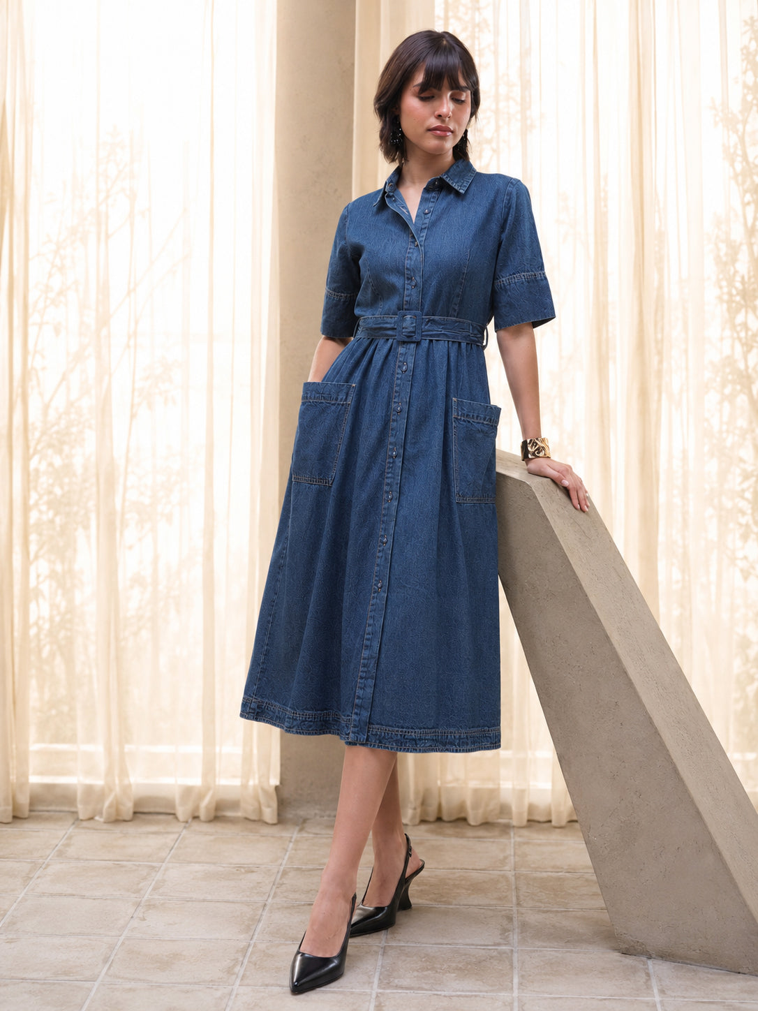 DesiQlo Blue Acid Washed Denim Belted Maxi Dress - Blue
