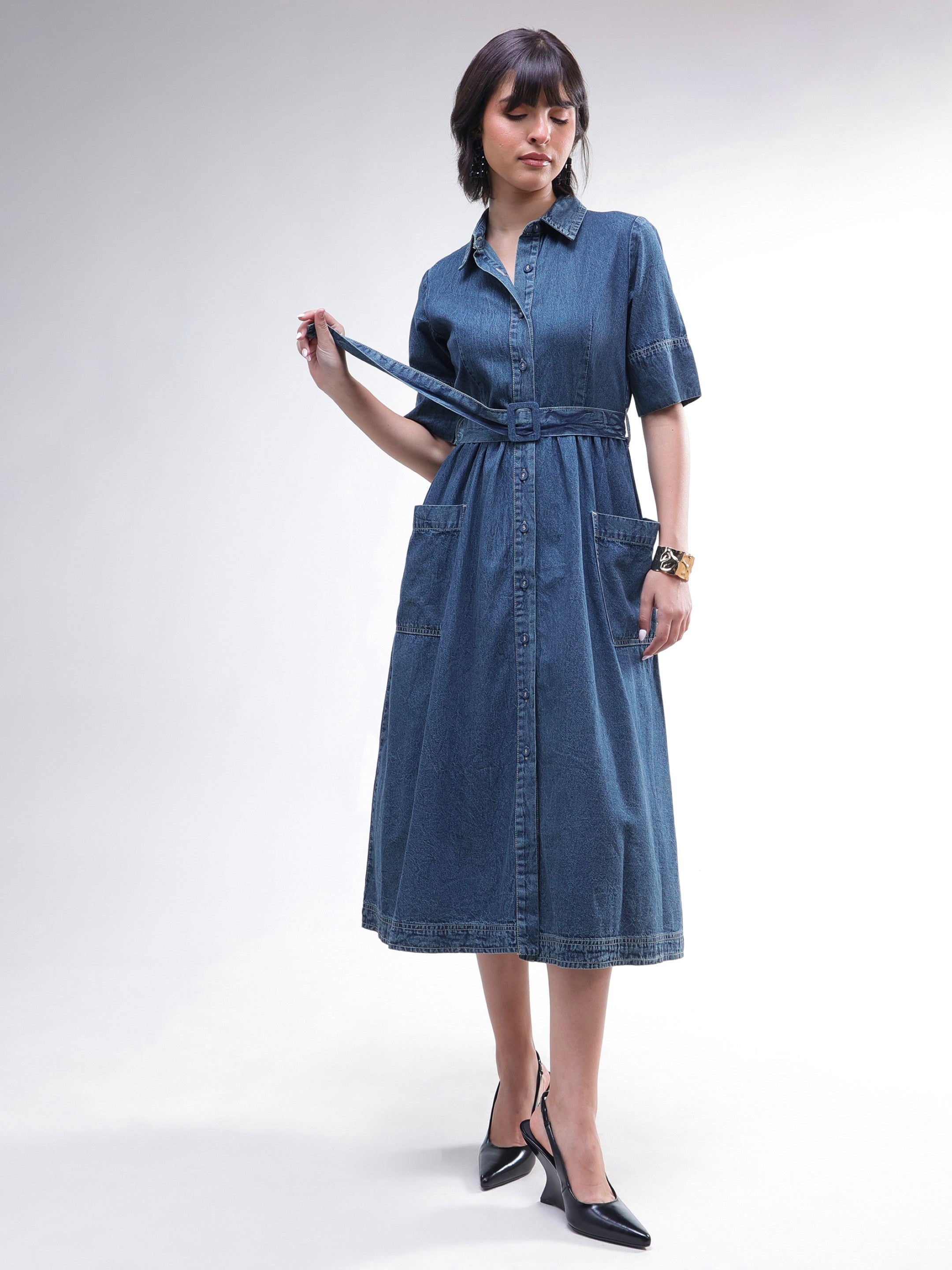 DesiQlo Blue Acid Washed Denim Belted Maxi Dress - Blue