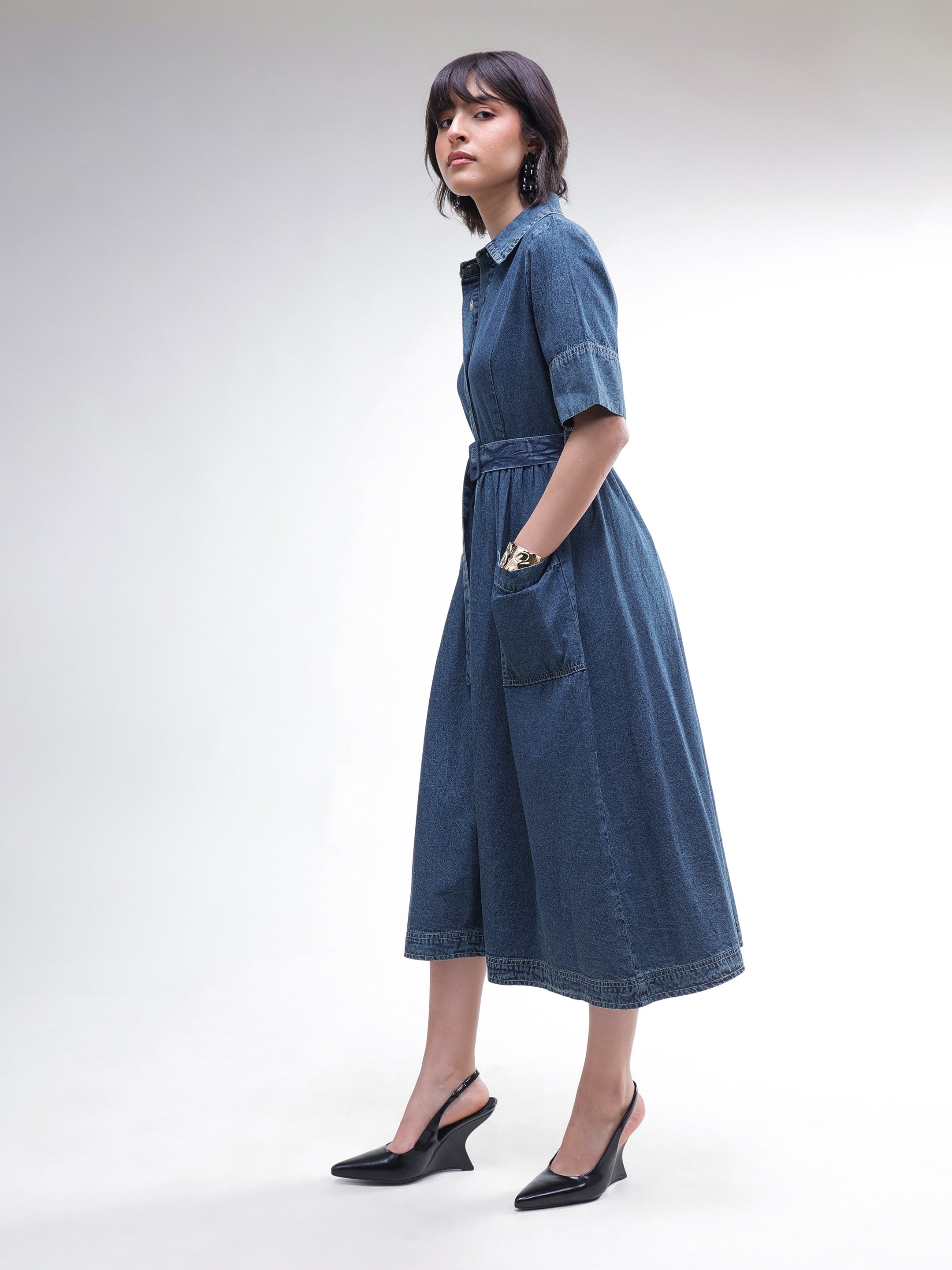 DesiQlo Blue Acid Washed Denim Belted Maxi Dress - Blue