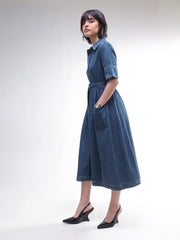 Women Blue Acid Washed Denim Belted Maxi Dress