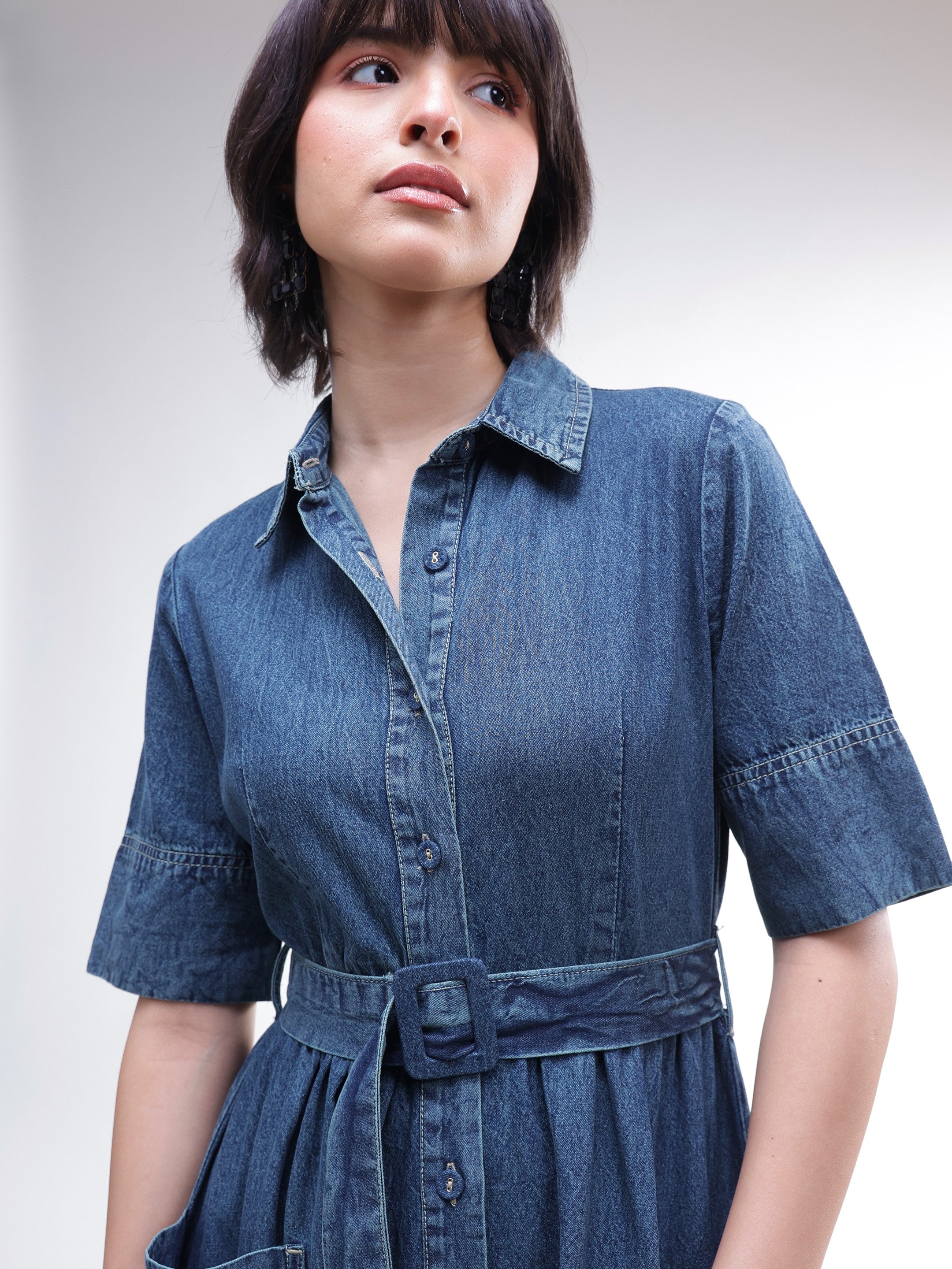 DesiQlo Blue Acid Washed Denim Belted Maxi Dress - Blue