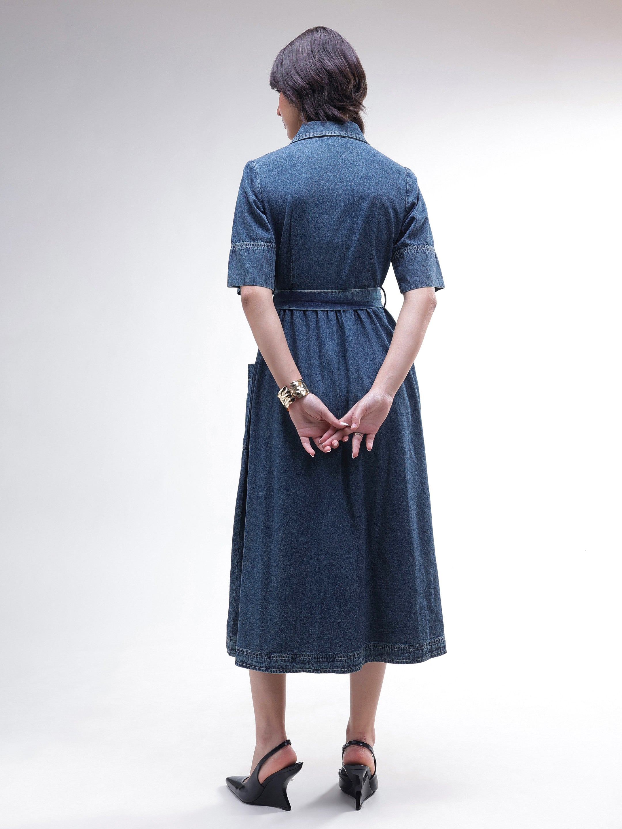 DesiQlo Blue Acid Washed Denim Belted Maxi Dress - Blue
