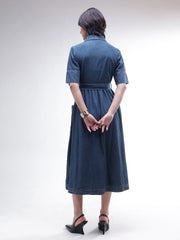 Women Blue Acid Washed Denim Belted Maxi Dress