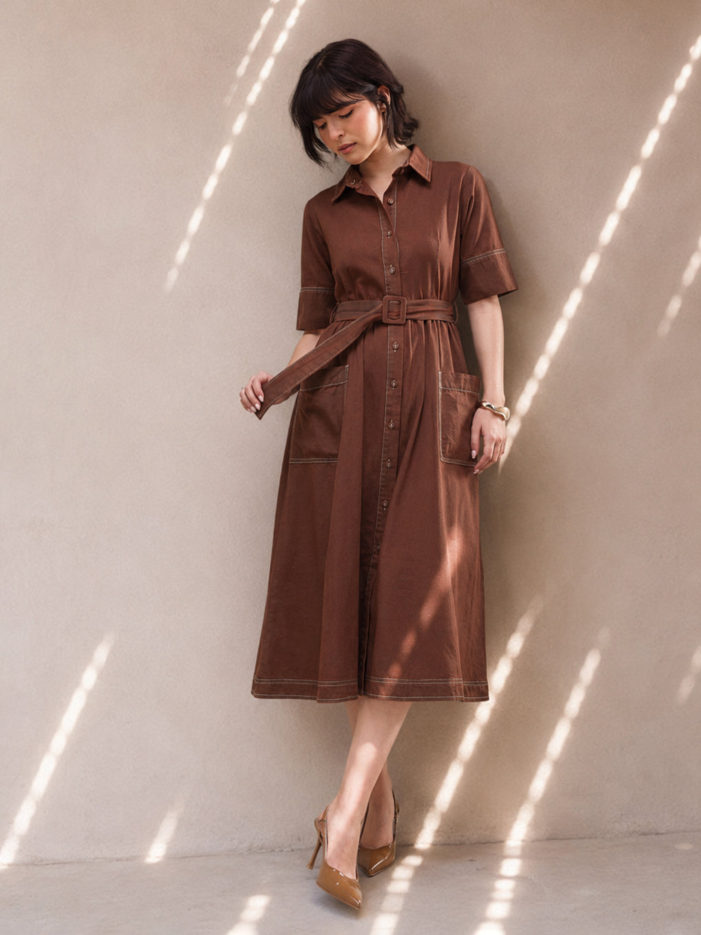 DesiQlo Brown Wash Denim Belted Maxi Dress - Brown