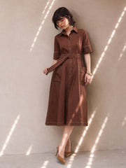 Women Brown Wash Denim Belted Maxi Dress