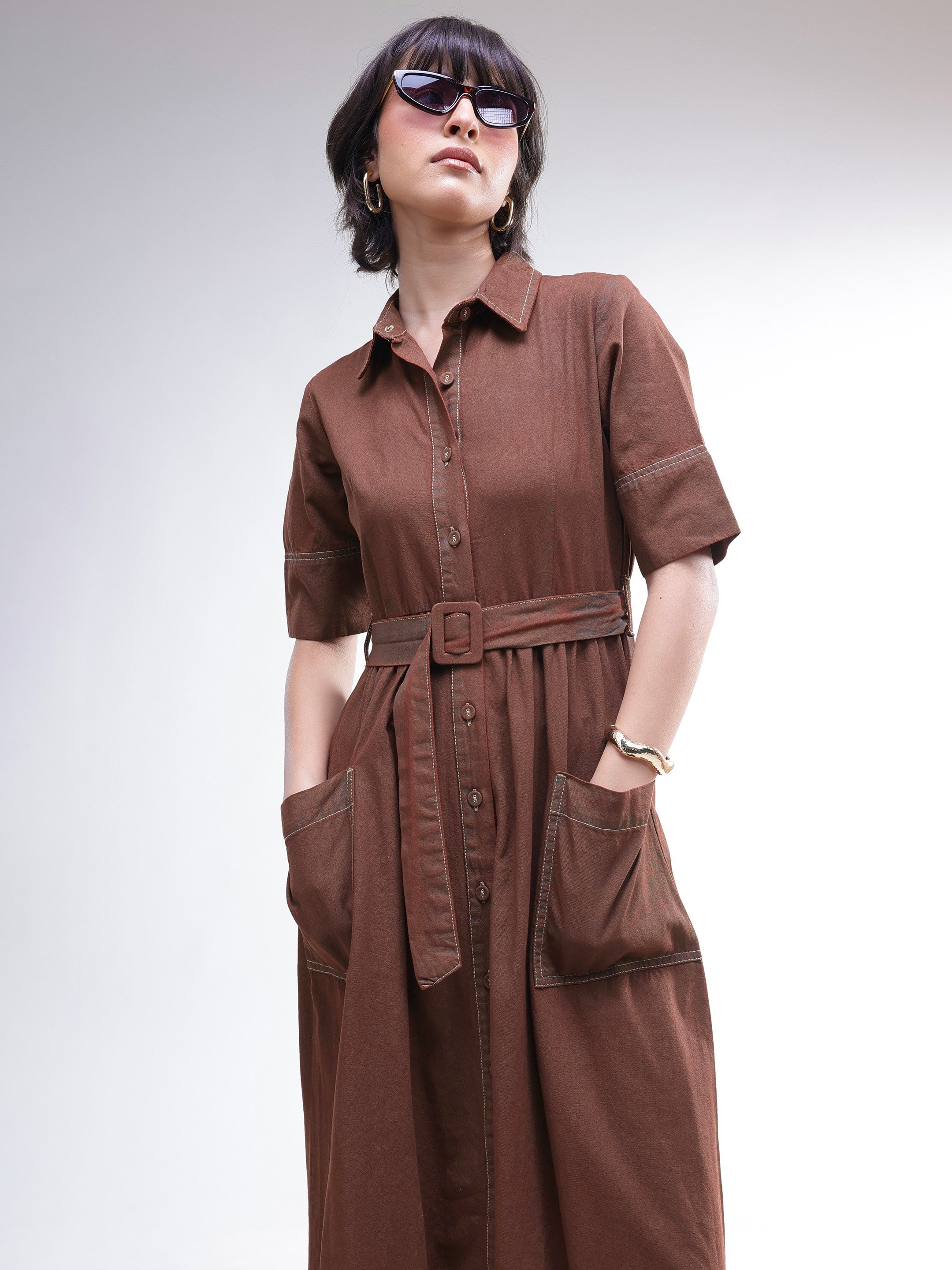 DesiQlo Brown Wash Denim Belted Maxi Dress - Brown