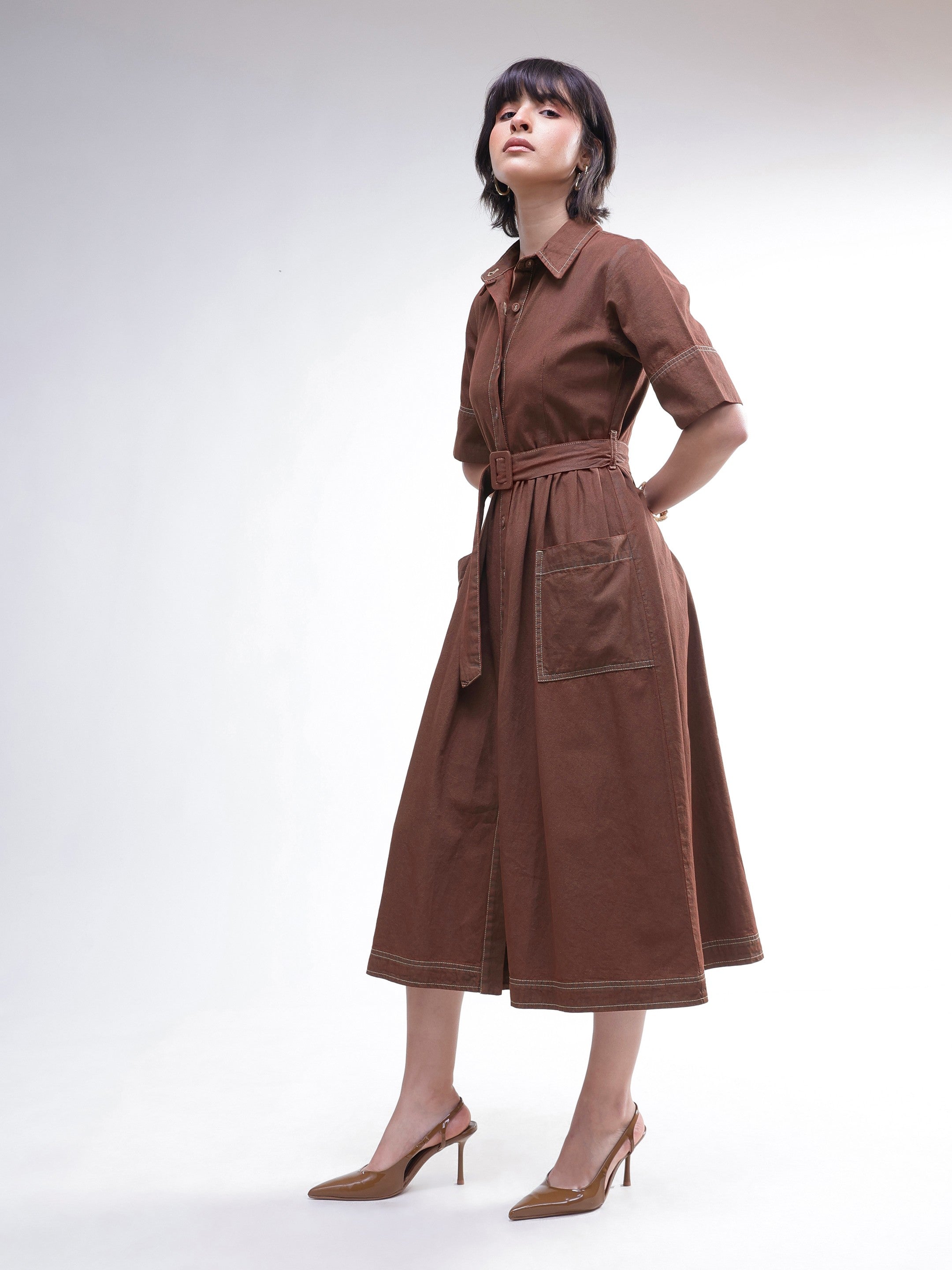 DesiQlo Brown Wash Denim Belted Maxi Dress - Brown