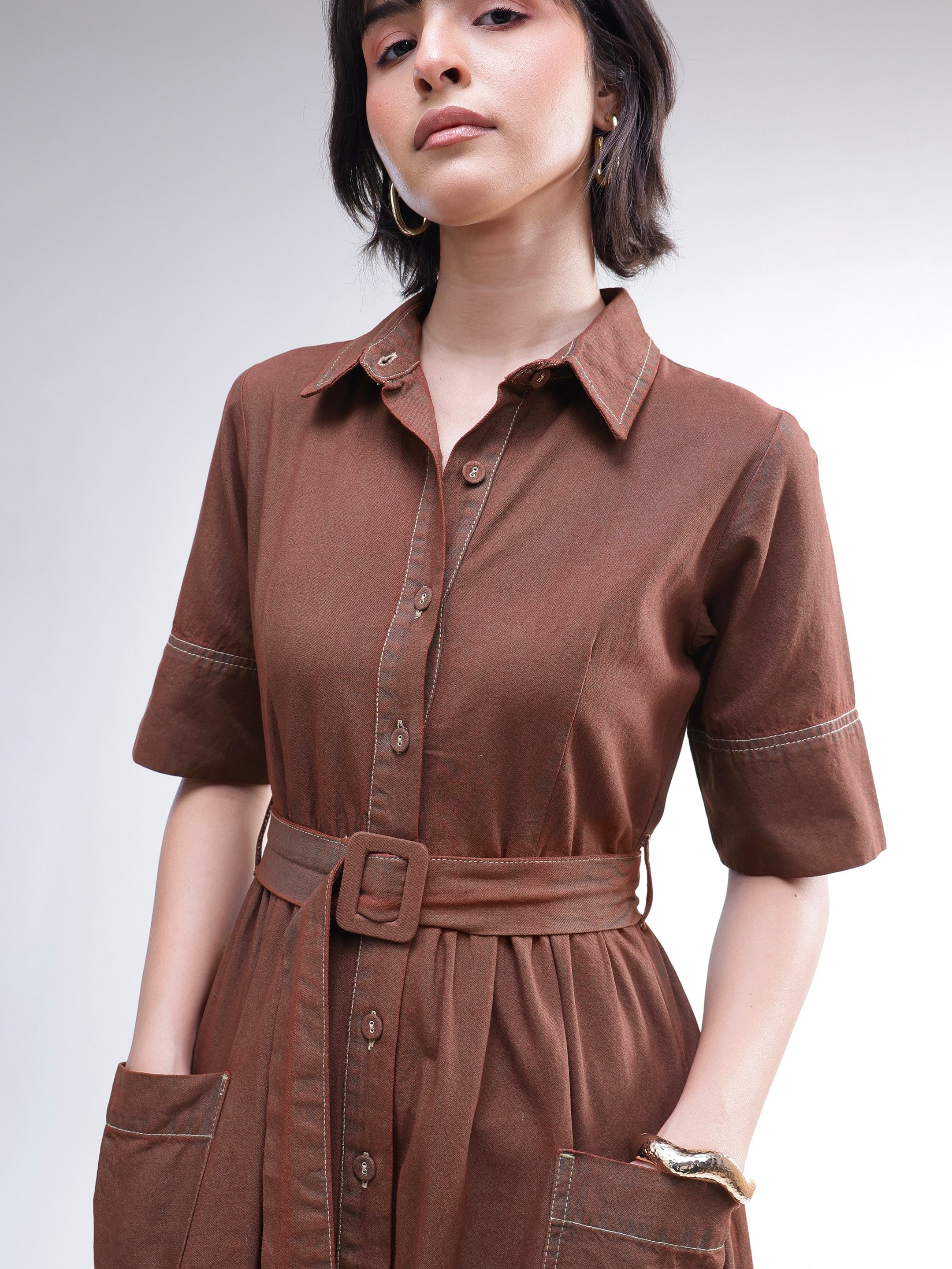 DesiQlo Brown Wash Denim Belted Maxi Dress - Brown