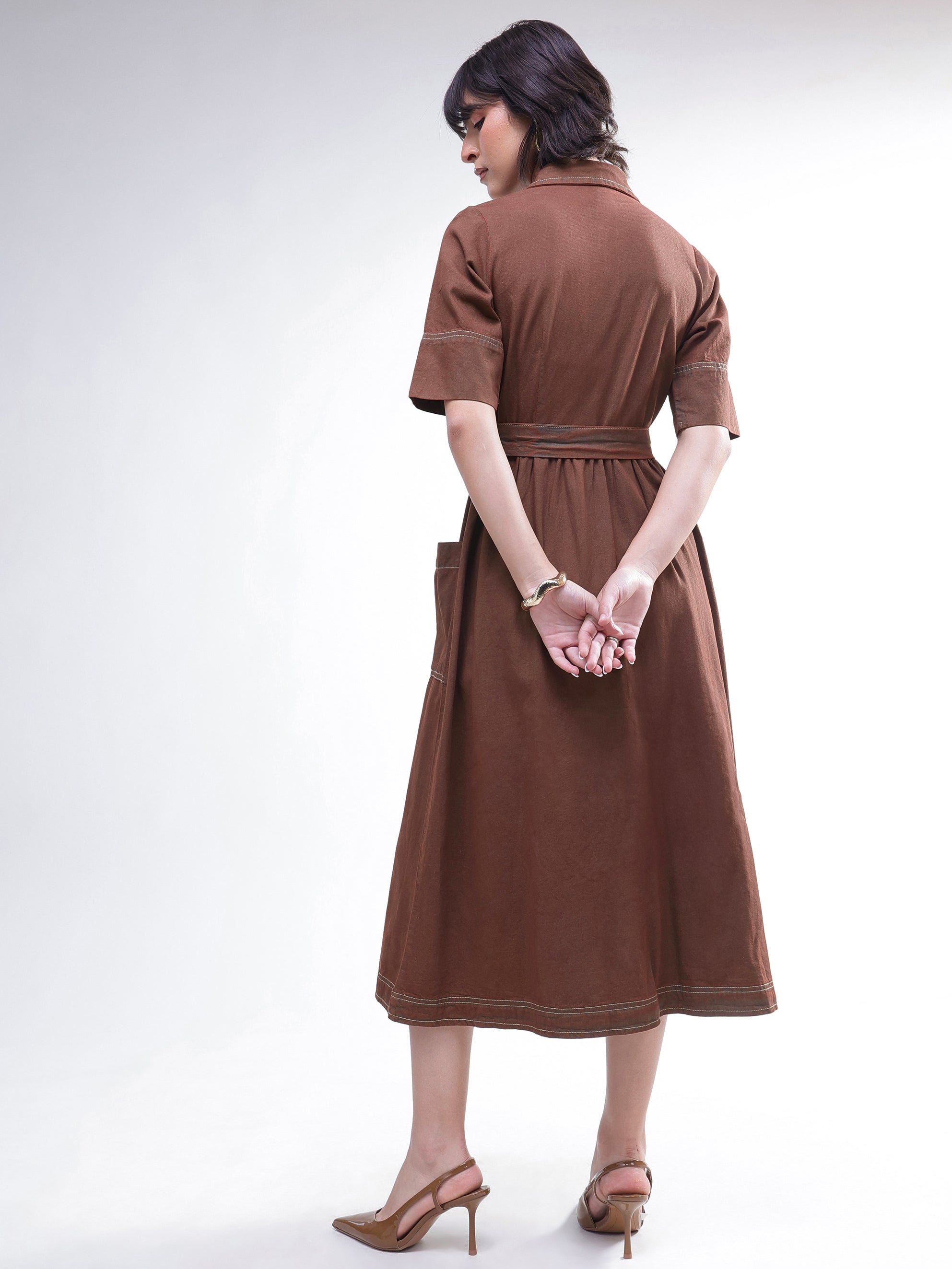 DesiQlo Brown Wash Denim Belted Maxi Dress - Brown