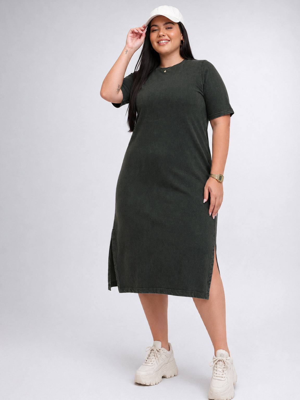 DesiQlo Olive Overdyed Round Neck T Shirt Dress - Green