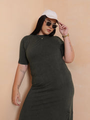Women Olive Overdyed Round Neck T Shirt Dress